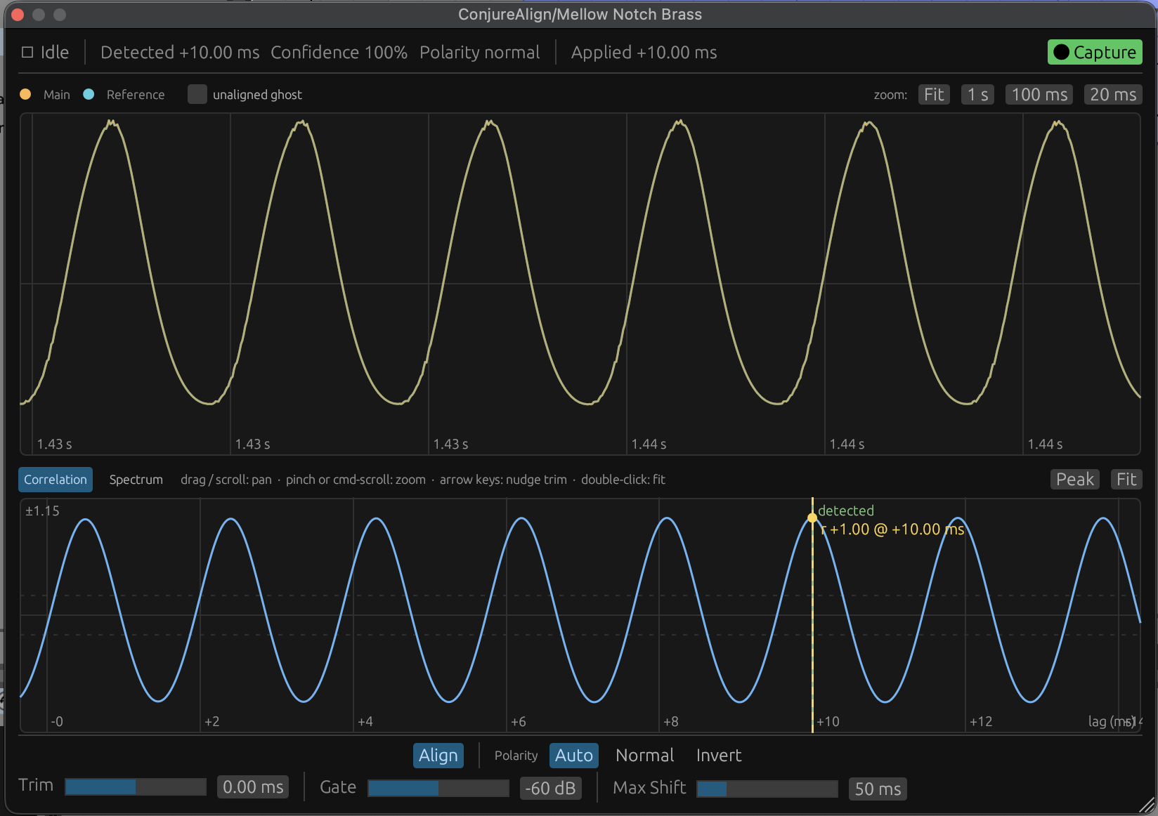 ConjureAlign after applying a +10 ms shift: the two waveforms overlap perfectly, with the detected correlation peak marked
