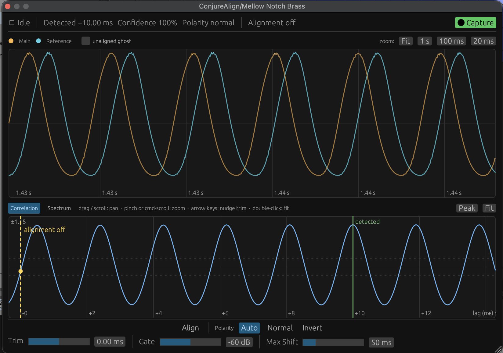 ConjureAlign with alignment off: the main and reference waveforms are visibly offset from each other