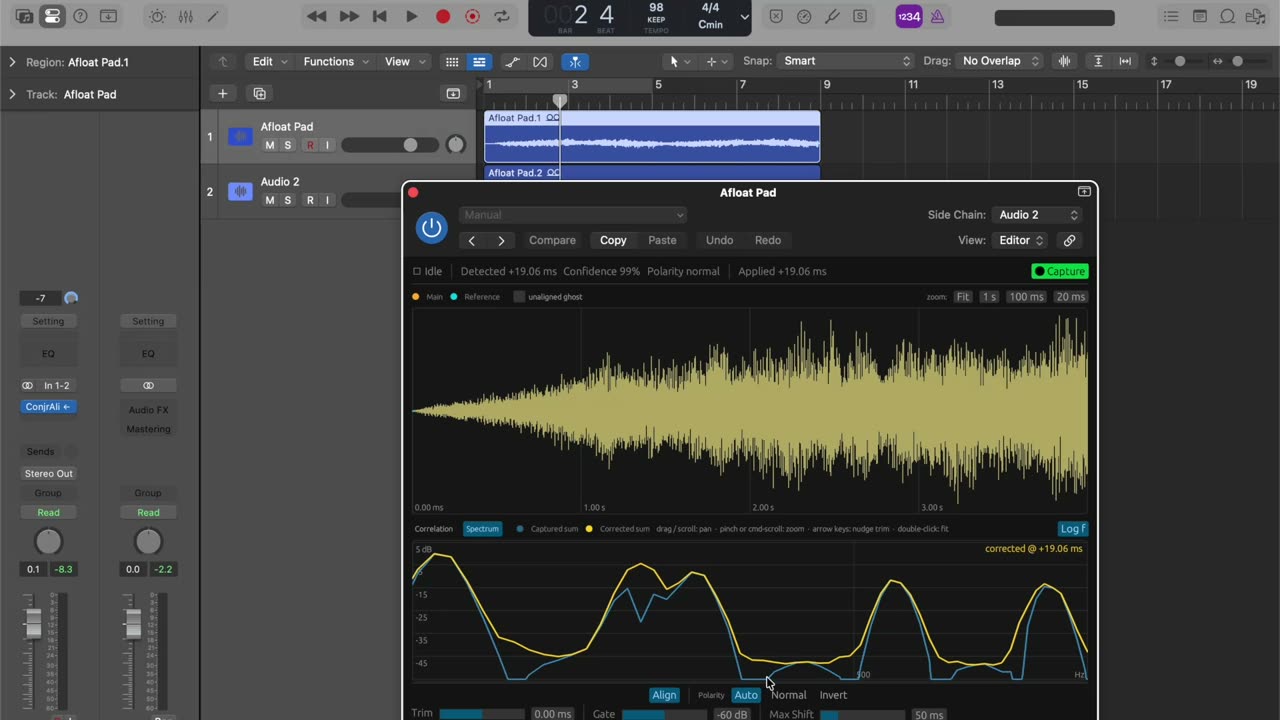 The ConjureAlign plugin open in a DAW, showing a detected +19.06 ms offset and the two mic signals overlaid in the correlation view