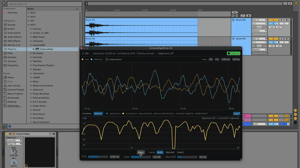 Animation of the ConjureAlign plugin in a DAW detecting a +20 ms offset between two drum mics and correcting it, with the overlaid waveforms snapping into alignment