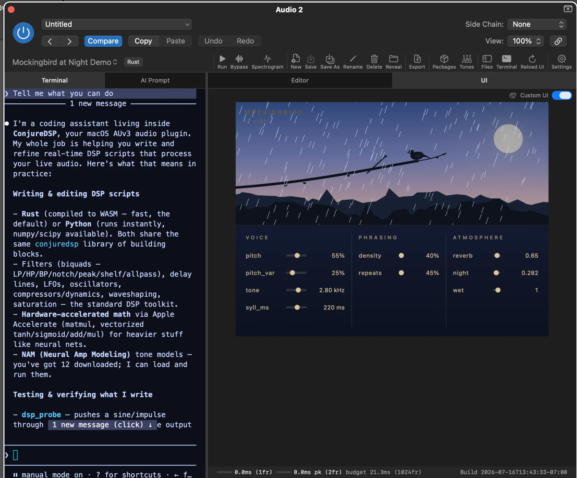 ConjureDSP plugin window showing the AI assistant terminal beside a custom Mockingbird at Night UI with voice, phrasing, and atmosphere sliders